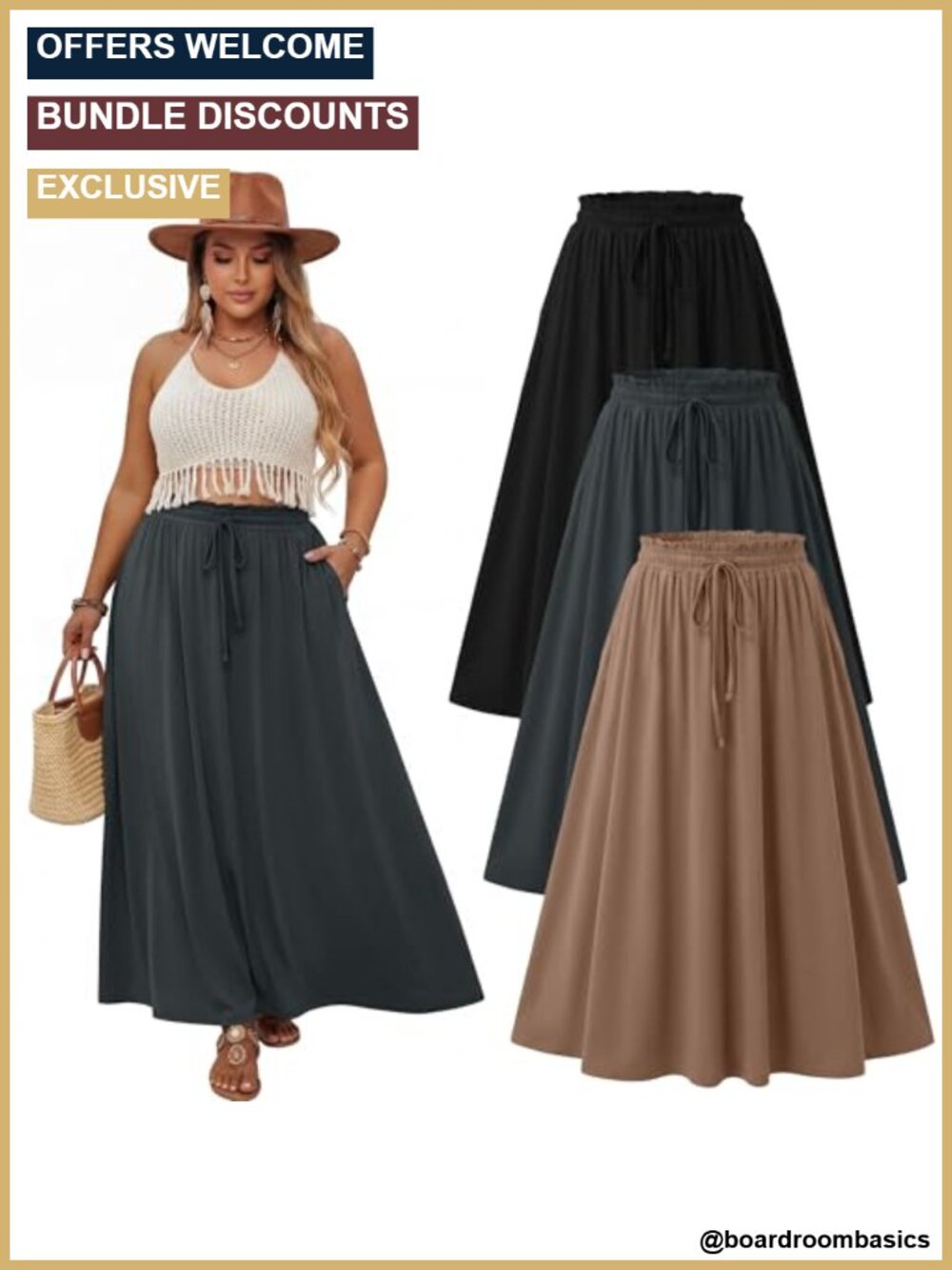 Plus Size Maxi Skirts 3 Pack Curvy Women Long A-Line Drawstring